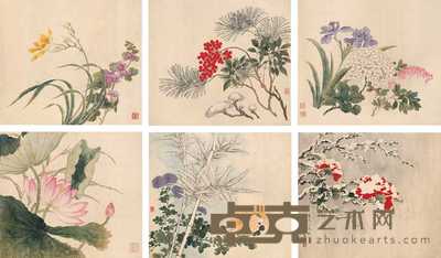 顾驺 1835年作 四时锦绣册 册页（八开选六） 32×28.5cm×8